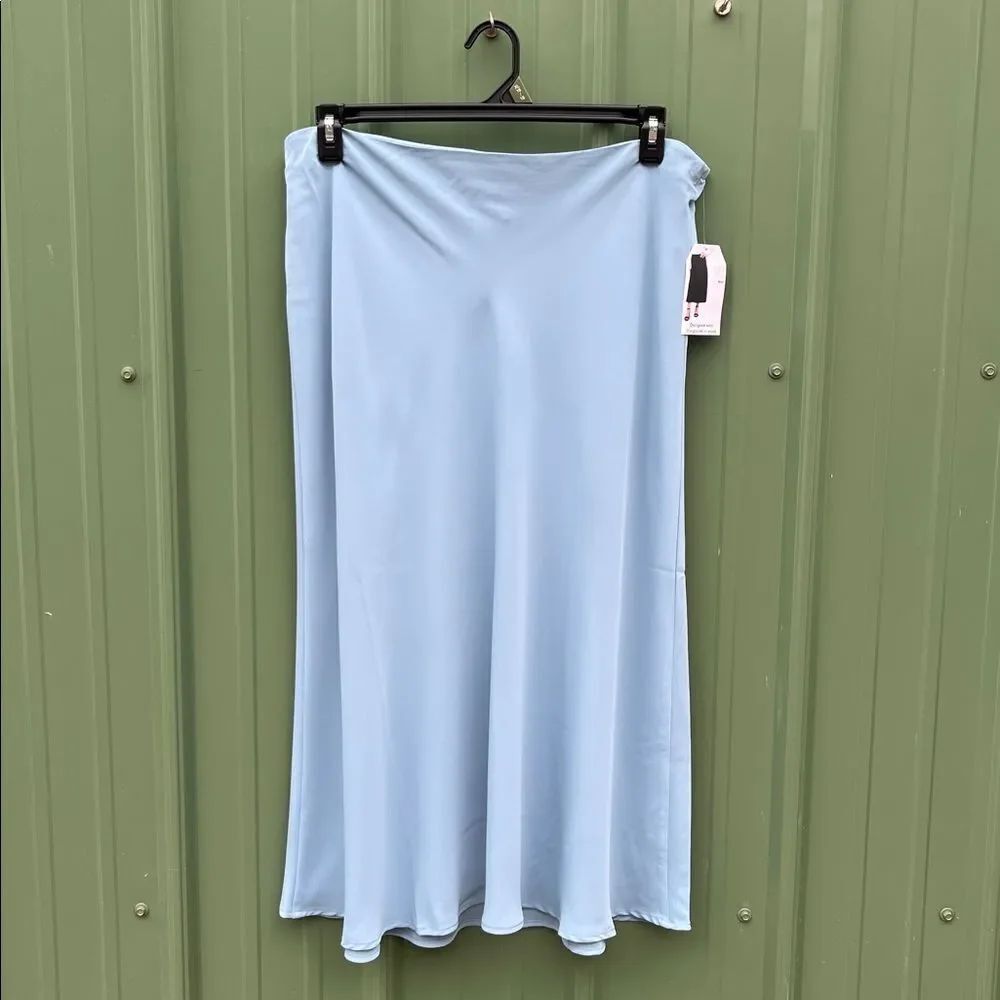Midi Slip Skirt Satin Formal Elegant Blue Pull-On Size XL